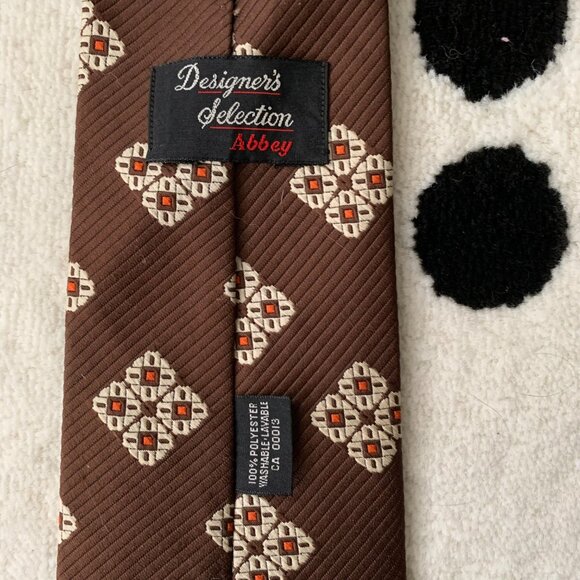 Vintage 60s Polyester Clip On Tie Brown Mod Disco Geometric Retro Wide Necktie - Picture 8 of 13